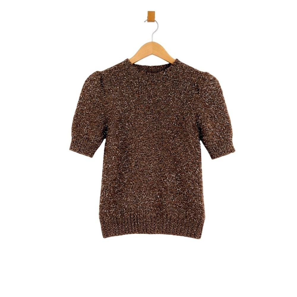 Rachel Zoe XS Metallic Eyelash Knit Top Brown Short Sleeve Sweater